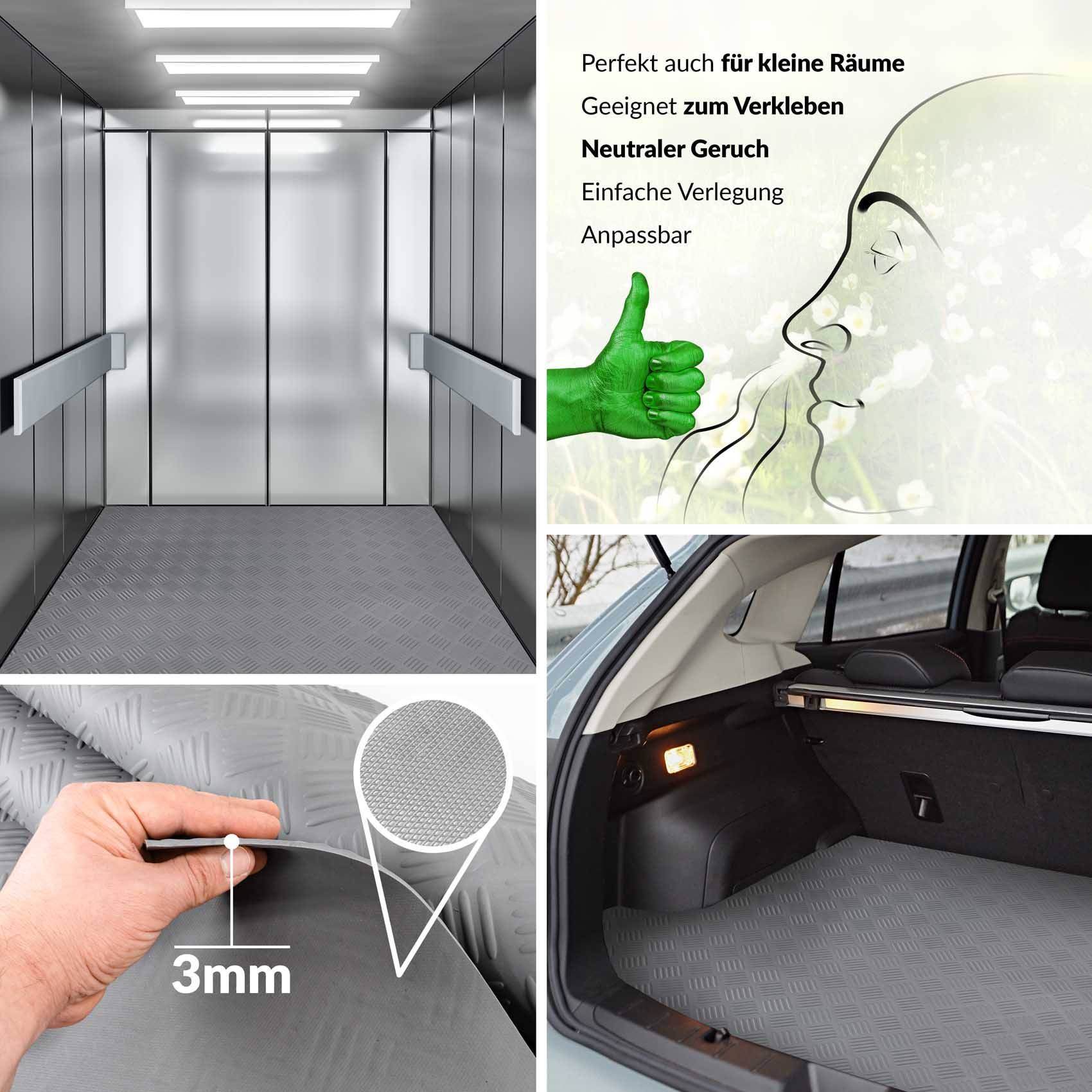 Collage-Werbung für graue Bodenbeläge für Aufzug und Kofferraum: installiert in einem Aufzug, 3 mm dick, und mit deutschem Text über die Eignung für kleine Räume, geruchlos, einfache Installation und Anpassungsfähigkeit.