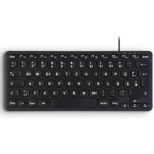 Eine schwarze Computertastatur mit deutschem Layout, einschließlich Sonderzeichen wie ä, ö, ü und ß, und ein kompaktes Design mit Funktionstasten.