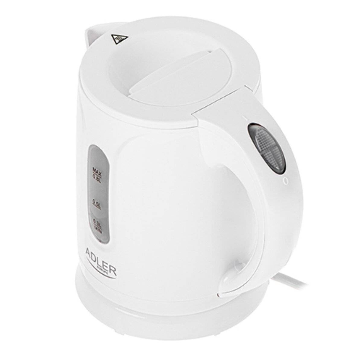 Ein weißer Wasserkocher mit Griff, Ausguss, Wasserstandsanzeige und Stromkabel, geeignet zum Kochen von Wasser.