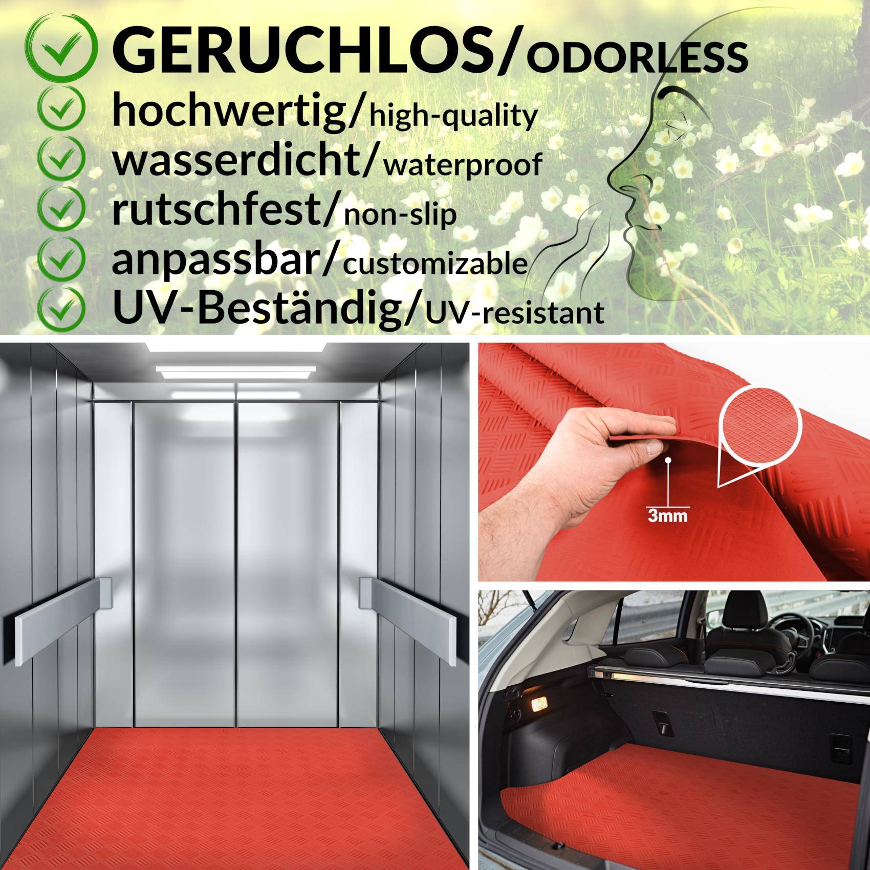 Rote strukturierte Custom-Matte, dargestellt als geruchlos, wasserfest, rutschfest und UV-beständig; die Vergrößerung zeigt eine Dicke von 3 mm und die Verwendung in Aufzügen und Autoladeräumen.