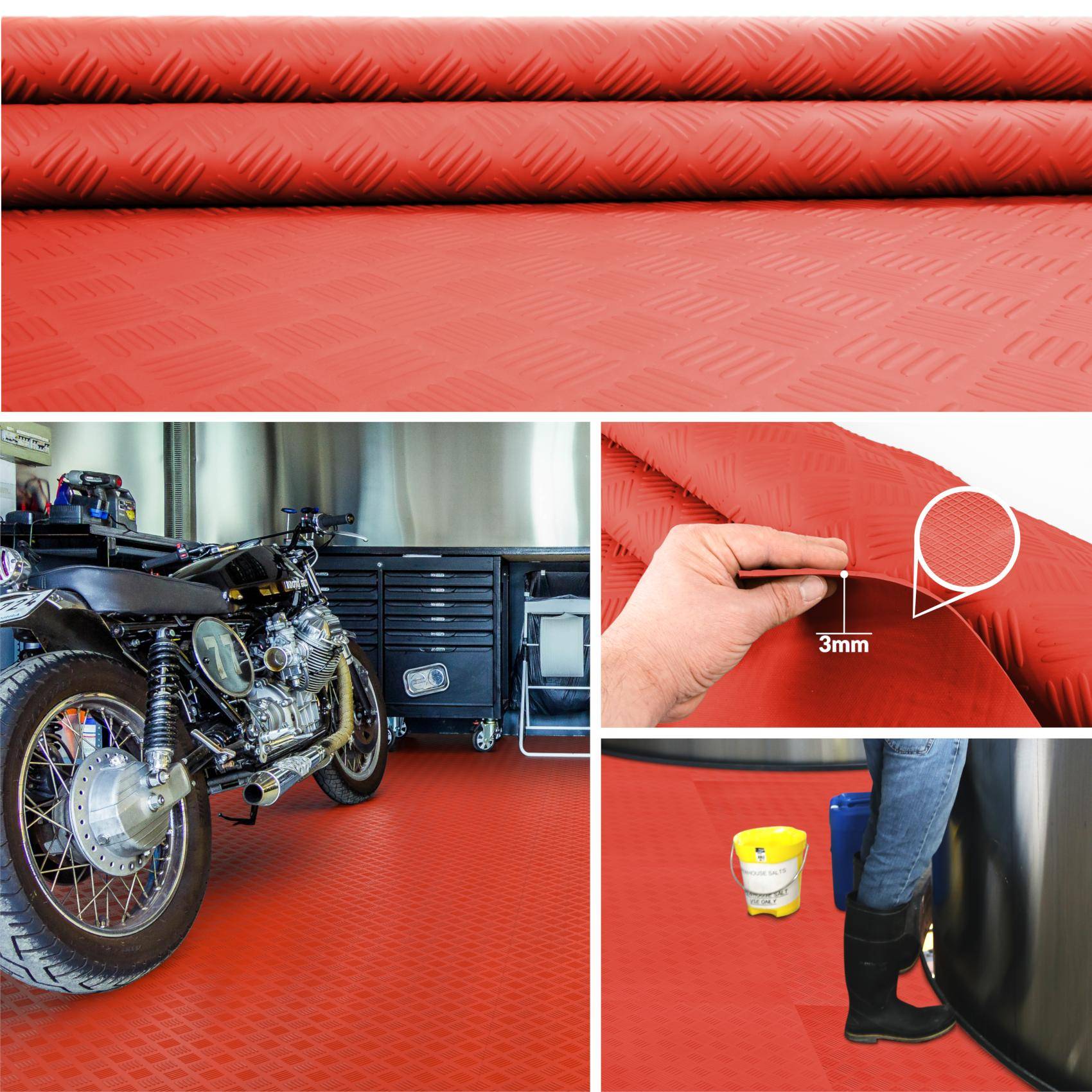 Rote strukturierte Bodenbeläge in einer Garage oder Werkstatt, gezeigt mit einem Motorrad, Nahaufnahme 3 mm Dicke und eine Person, die auf dem Boden steht.