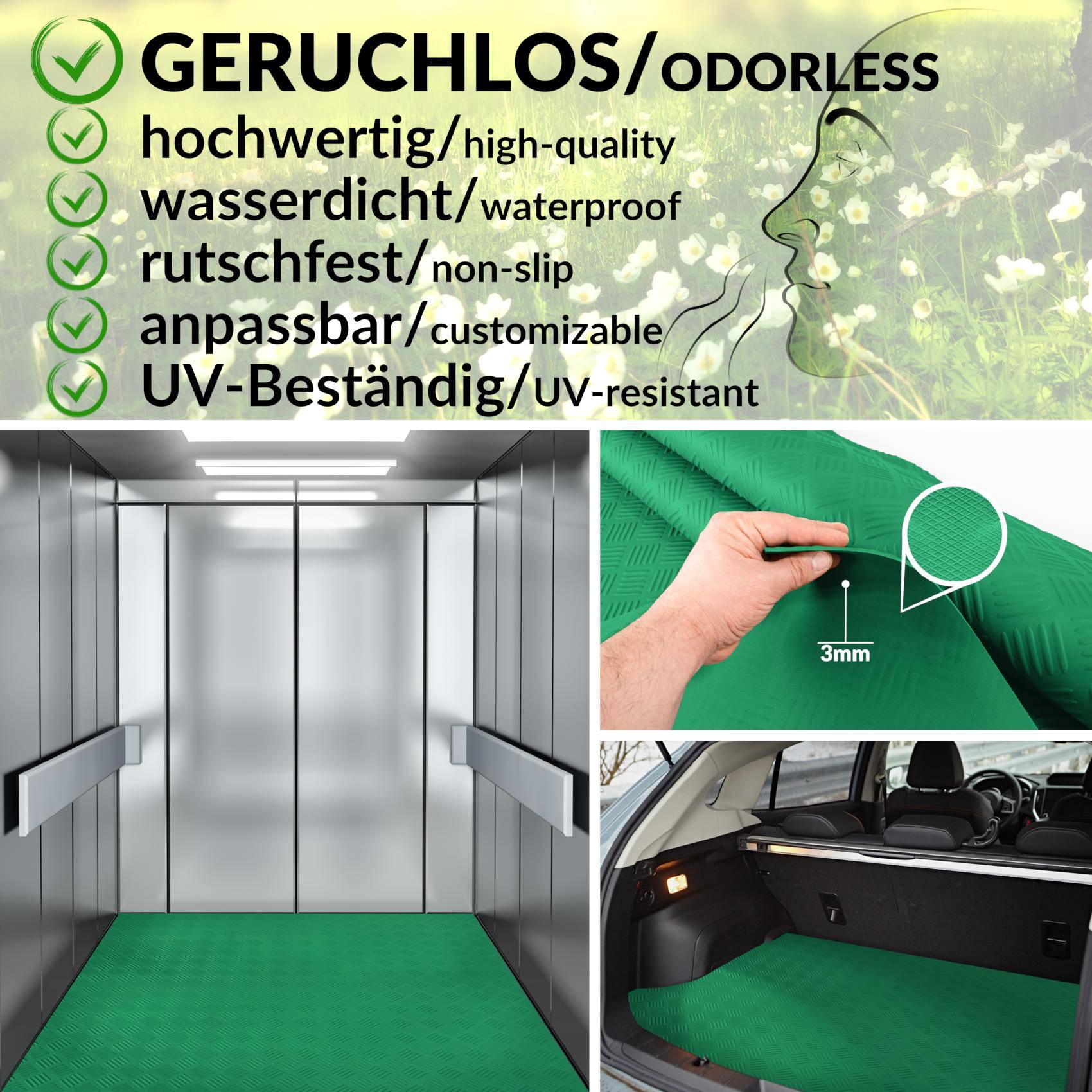 Produktanzeige für eine grüne Matte: geruchslos, hochwertig, wasserdicht, rutschfest, anpassbar, UV-beständig; gezeigt in einem Aufzug, gefaltet 3 mm Dicke, und in einem Autokofferraum.