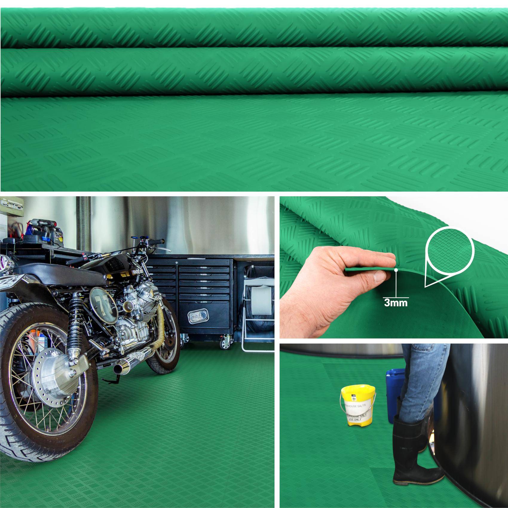 Grüne strukturierte Bodenmatte für Garagen, in Nahaufnahme gezeigt und mit einem Motorrad und einer Person darauf, um Langlebigkeit und Dicke zu demonstrieren.