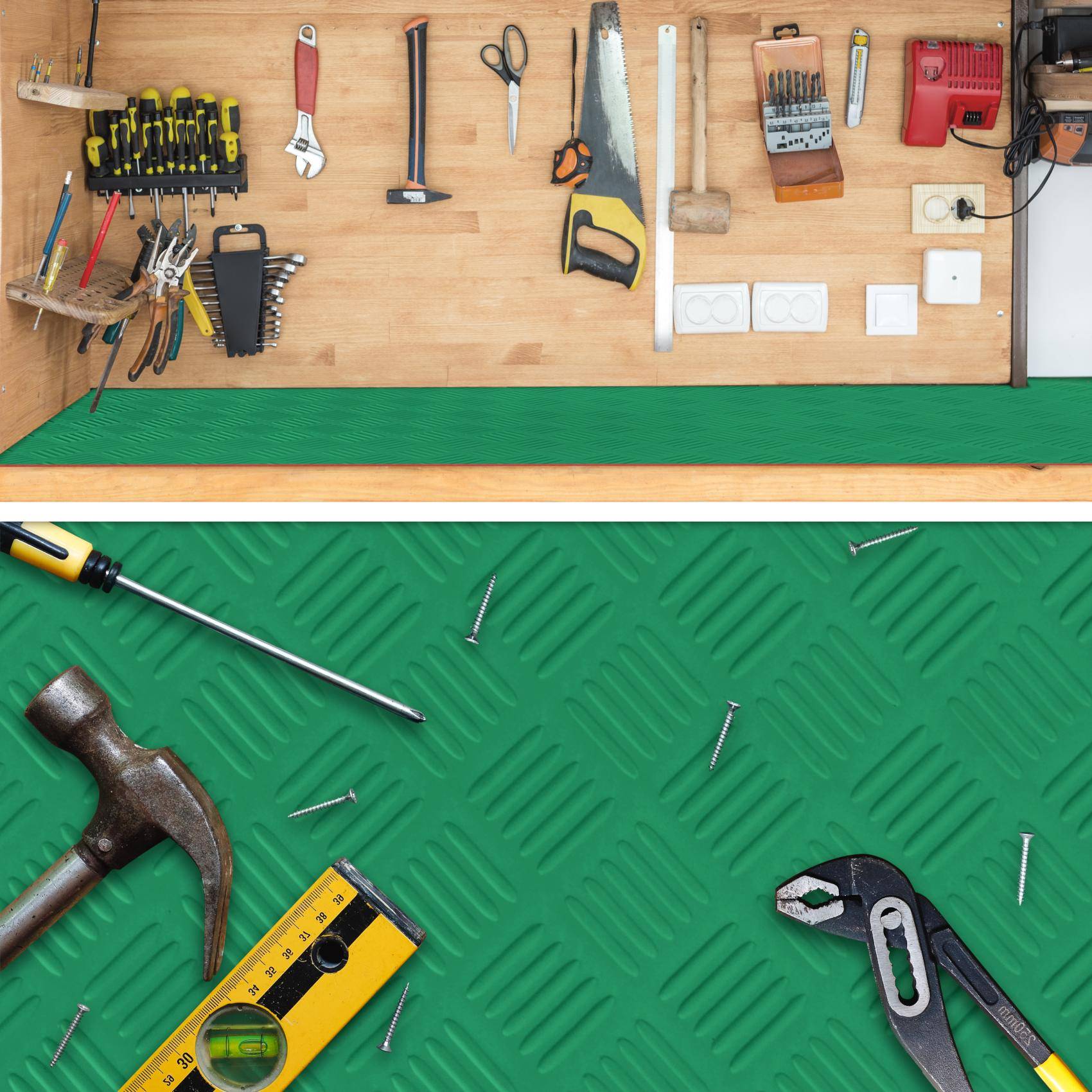 Werkstatt-Wandspeicher über grüner Werkbank, mit Handwerkzeugen, die auf einer Holz-Lochplatte organisiert sind, und größeren Werkzeugen auf der darunter liegenden Bank.