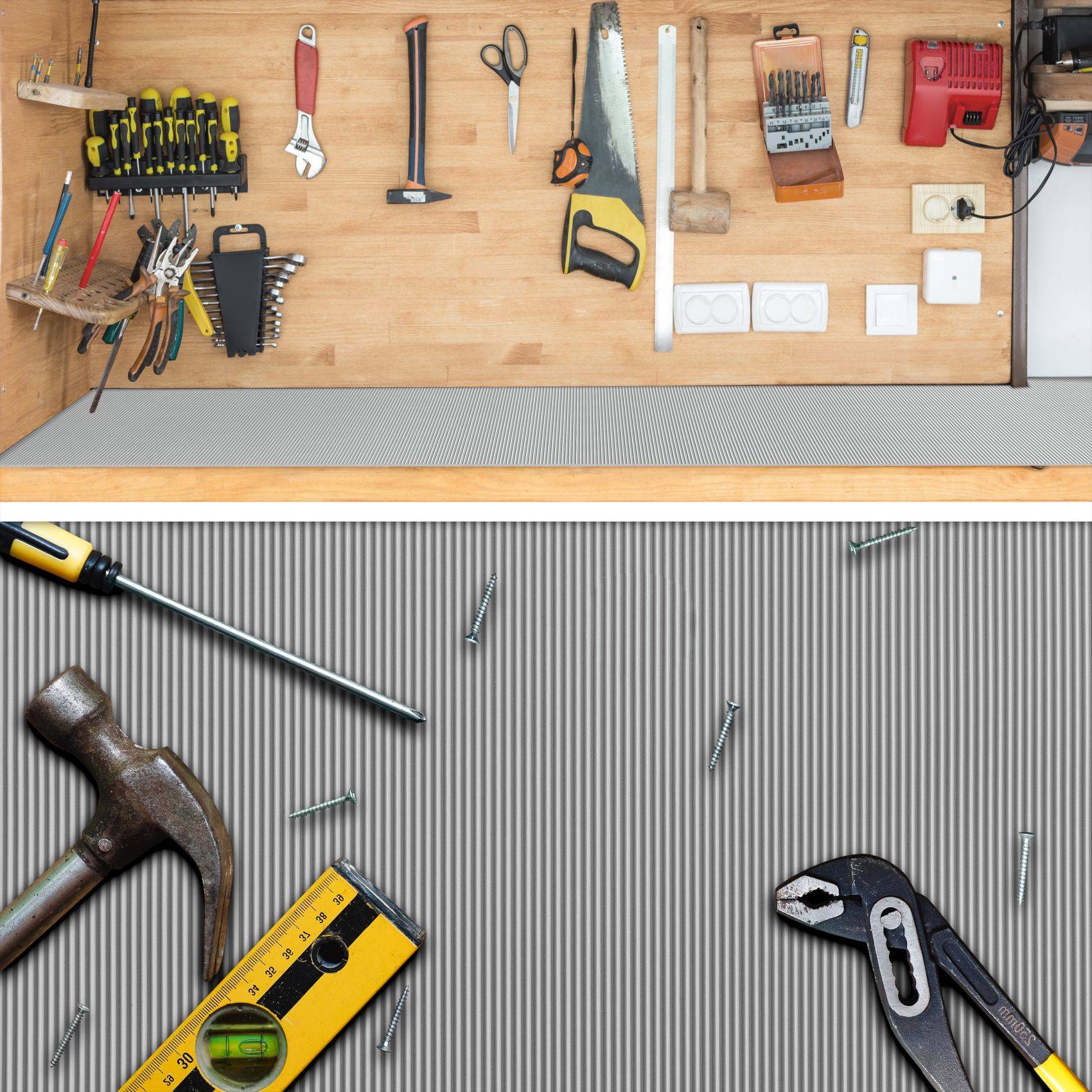 Zweipanel-Foto einer Werkstatt-Werkzeugwand oben und einer Arbeitsfläche unten, das verschiedene Handwerkzeuge, Schrauben, einen Hammer, Schraubendreher, eine Wasserwaage und Zangen ordentlich angeordnet zeigt.