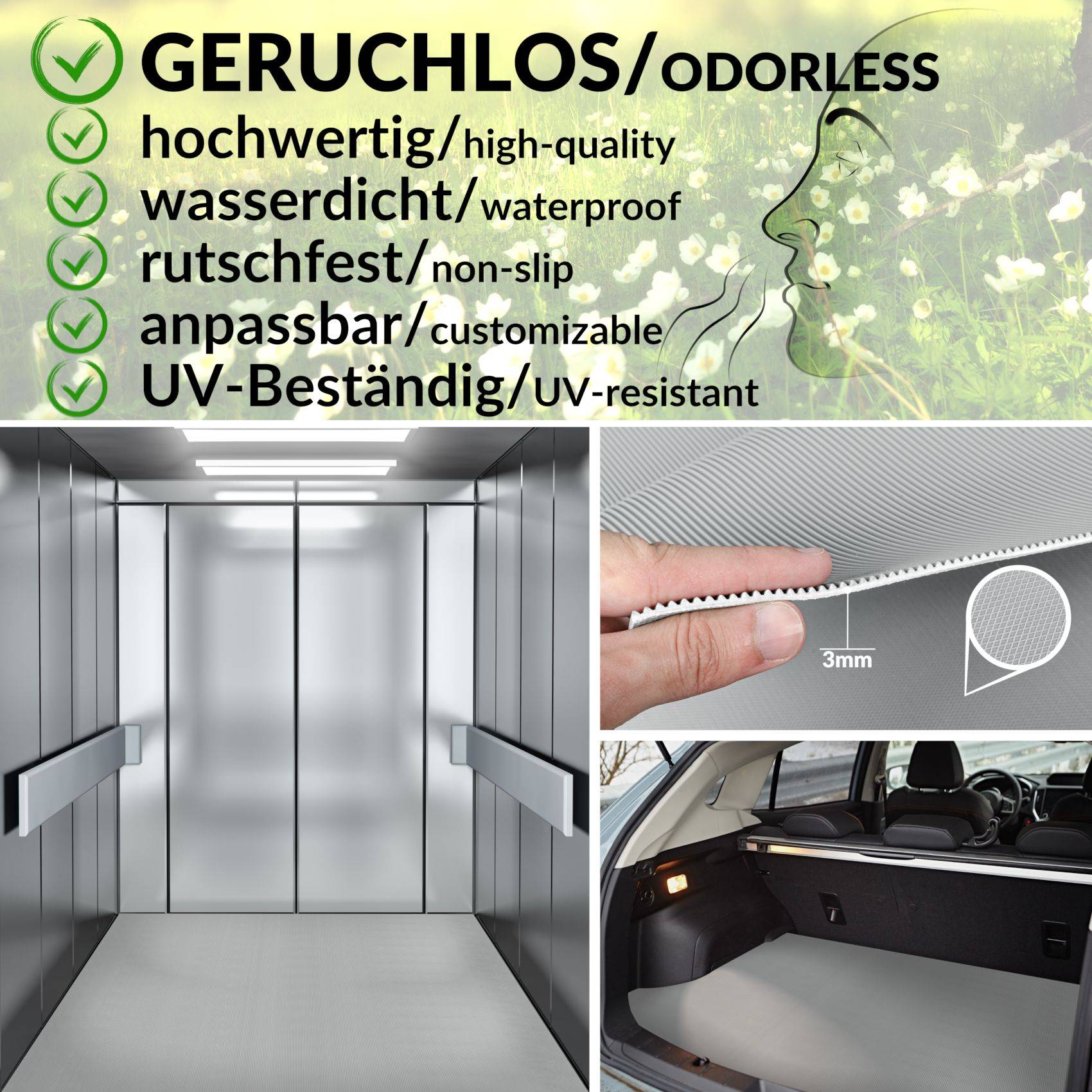 Werbekollage für eine graue rutschfeste Matte: gekennzeichnet als geruchlos, hochwertig, wasserdicht, anpassbar und UV-beständig, mit Aufzug-, Materialdetail- und Kofferraumbeispielen.