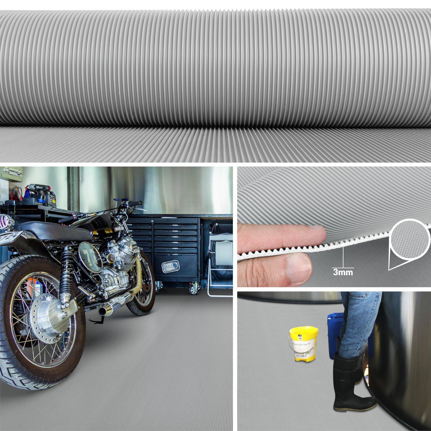 Strukturierte graue Bodenmatte in einer Garage, mit Nahaufnahme der 3 mm dicken Details und einem geparkten Motorrad darauf; wasserfeste Verwendung wird durch Stiefel und Eimer in der Nähe angedeutet