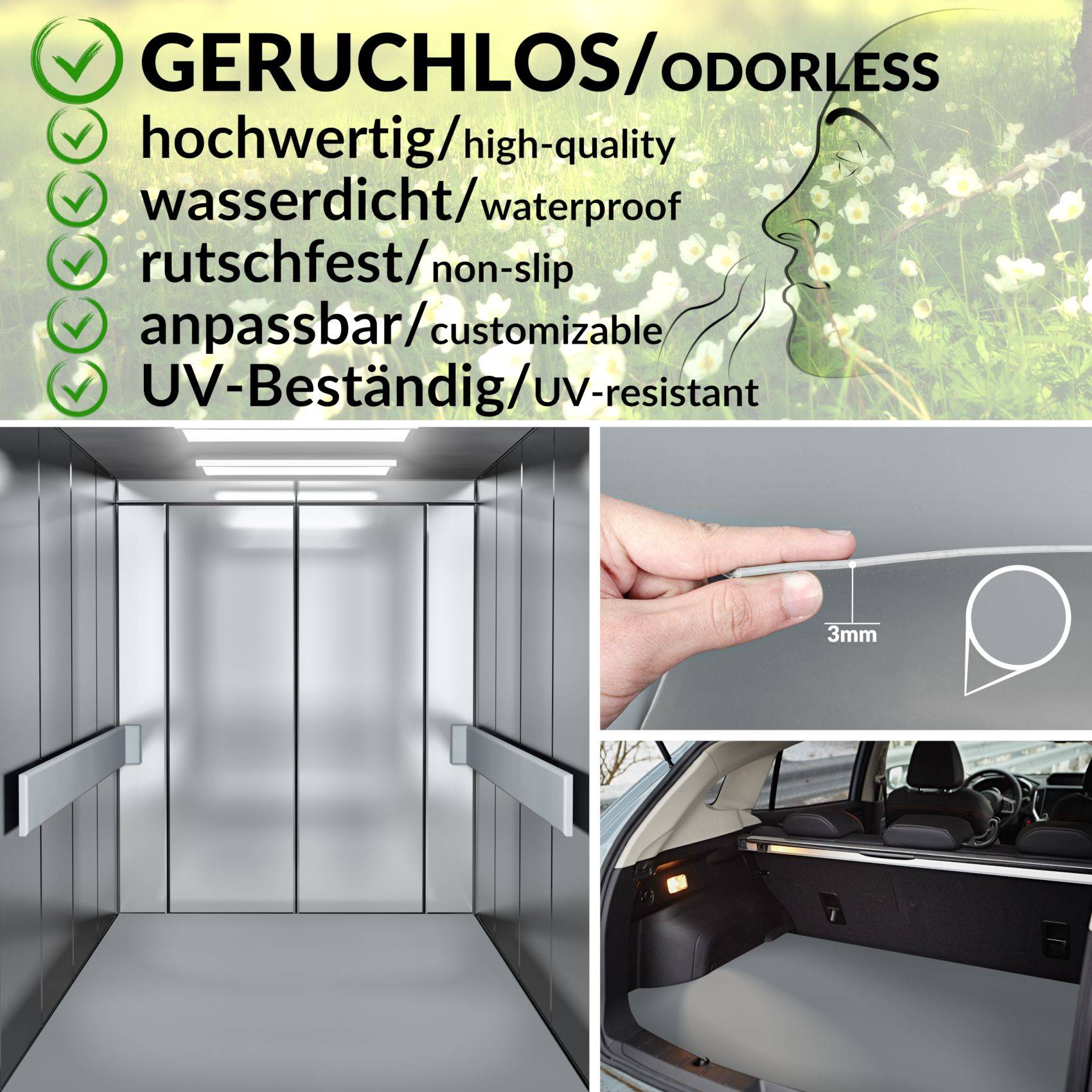 Werbebild für graue Bodenfolie: geruchslos, hochwertig, wasserdicht, rutschfest, individualisierbar, UV-beständig, gezeigt in installiertem Zustand in einem Aufzug und Kofferraum, mit Details zur 3-mm-Dicke.