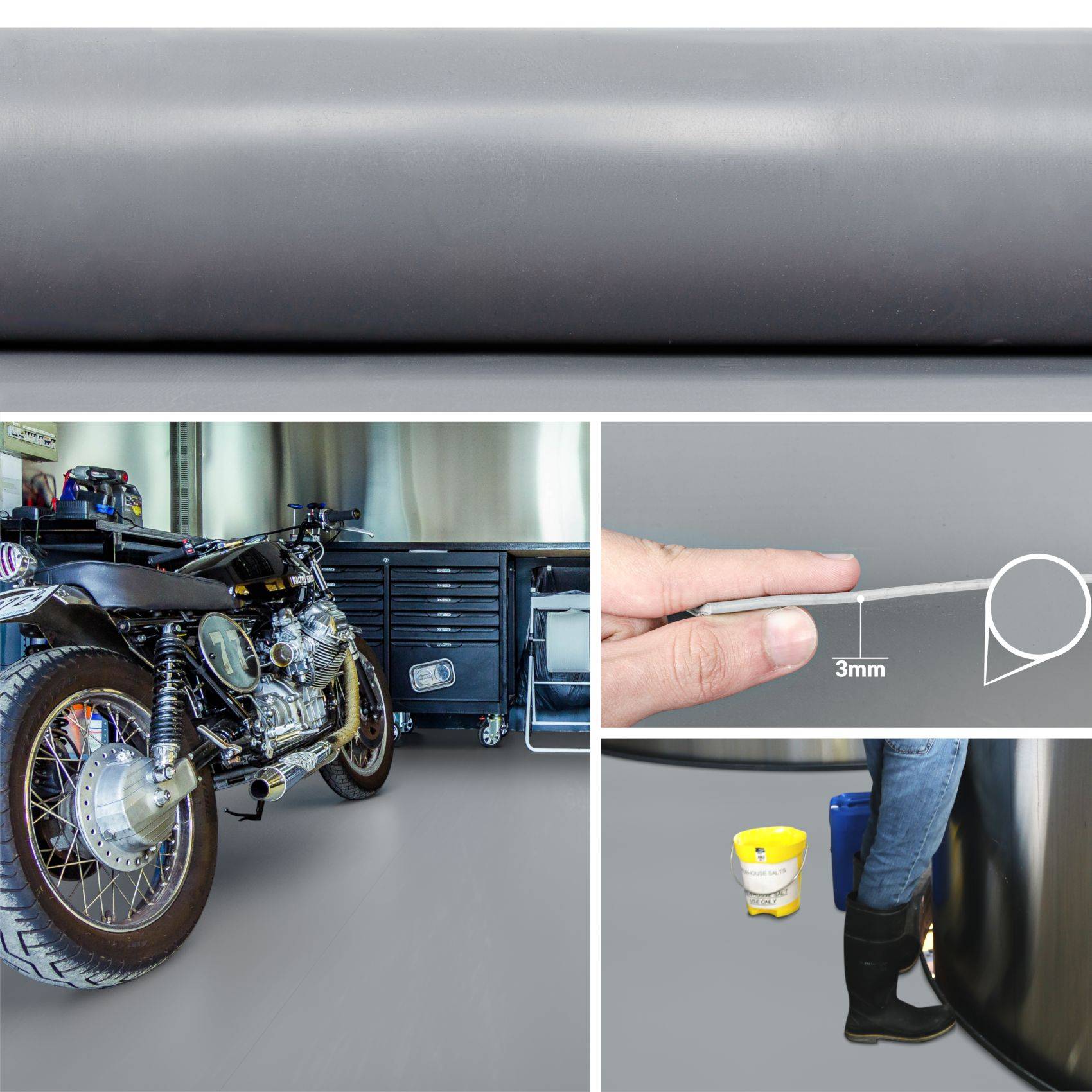 Collage mit einem Motorrad in einer Werkstatt, einer Hand, die ein dünnes Kabel mit der Bezeichnung „3 mm" misst, und einer Person, die neben Behältern steht, zur Veranschaulichung der Produktgröße und Verwendung.