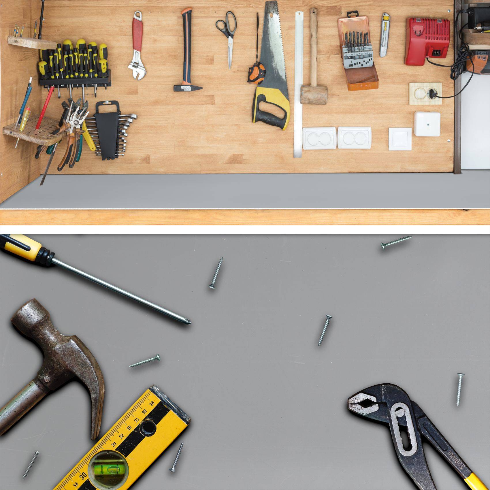 Geteiltes Bild mit einer an der Wand angebrachten Werkzeugtafel mit Handwerkzeugen und einer Nahaufnahme eines Hammers, Schraubenziehers, einer Wasserwaage, eines Schraubenschlüssels und Schrauben auf einer grauen Oberfläche.