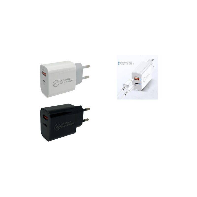 Produktabbildung zeigt zwei USB-Wandladegeräte, eines weiß und eines schwarz, mit einer kleinen Einfügung, die ein an ein Gerät angeschlossenes Ladegerät demonstriert.