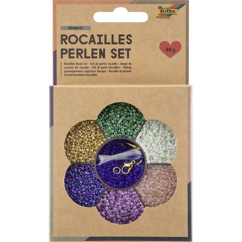 Rocailles Perlen Set' Verpackung mit bunten Perlenabteilen und Perlenzubehör.