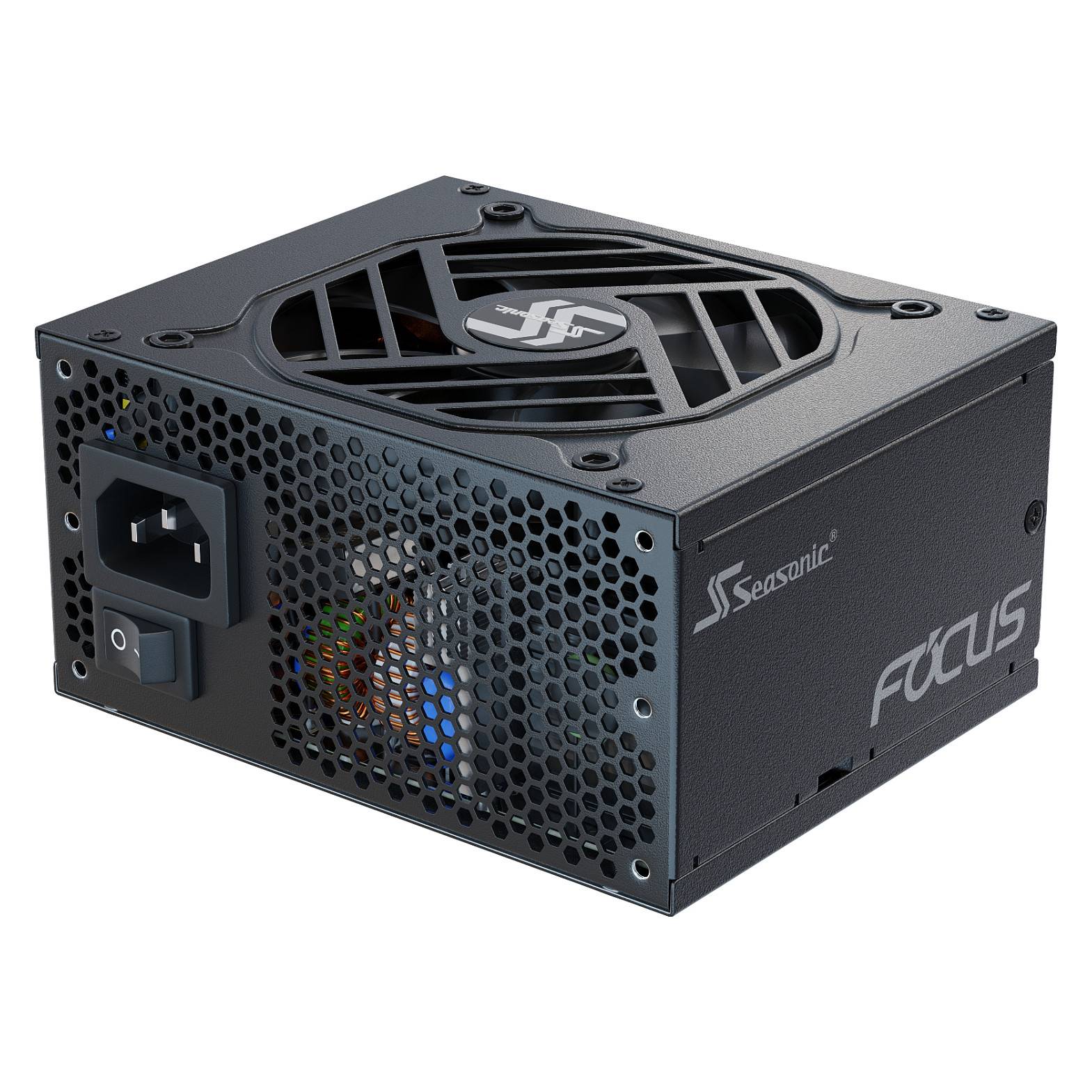 Seasonic Focus Netzteil mit Kühlventilator und Lüftungsgitter, entwickelt für effiziente Stromversorgung in Computersystemen.