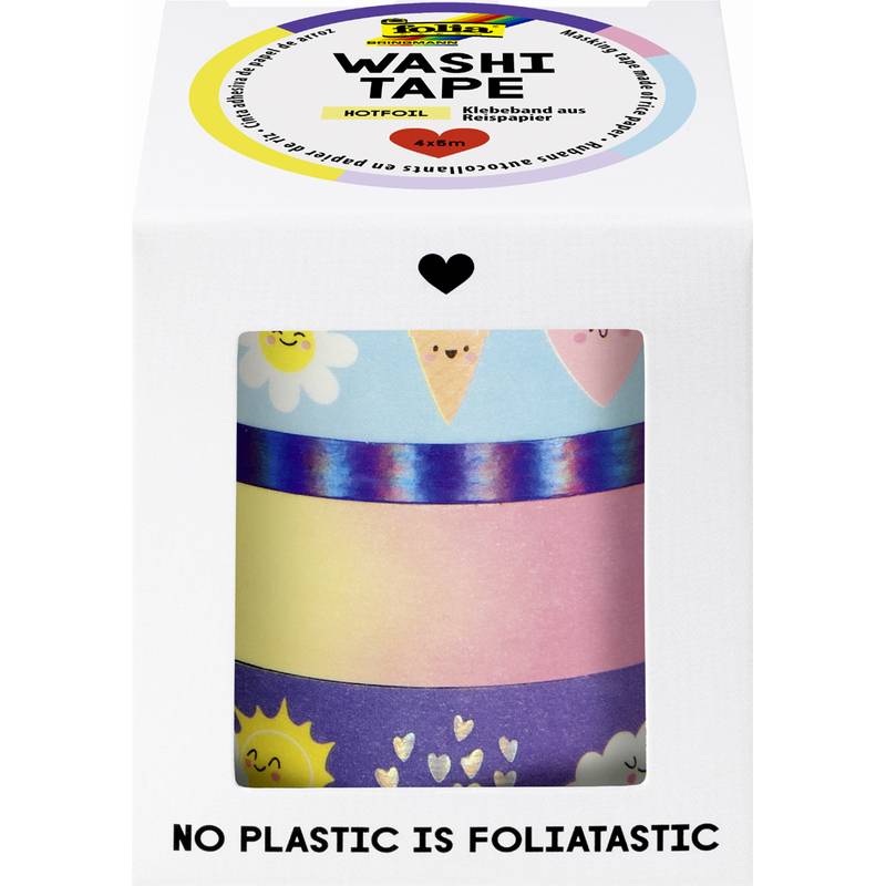 Eine Box mit bunten Washi-Tape-Rollen, verziert mit Sonnen- und Wolkendesigns. Der Text lautet: 