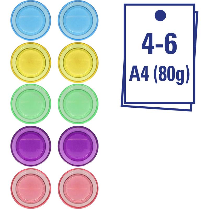 Packung mit 10 transparenten farbigen Scheiben in Blau, Gelb, Grün, Lila und Rosa, gekennzeichnet mit „4-6 A4 (80g)