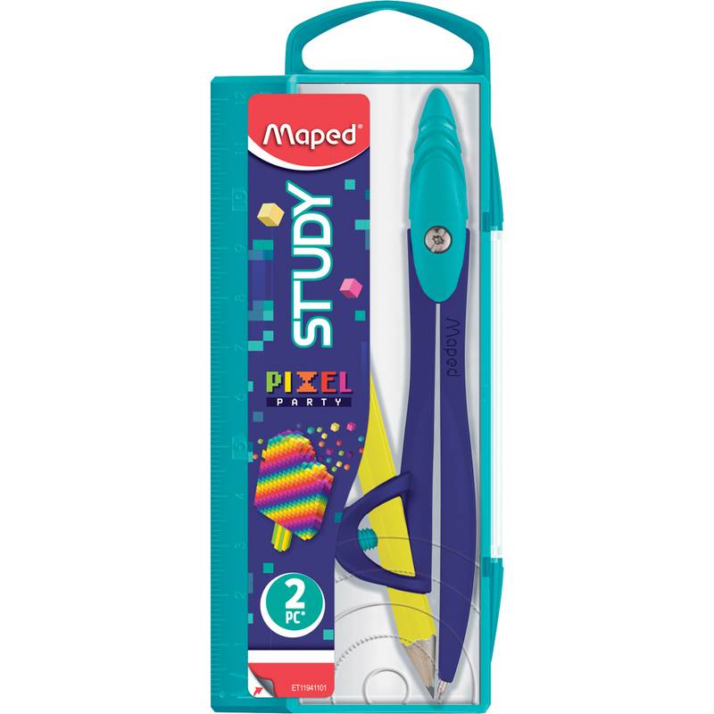 Ein Set in einer Box mit einem Maped-Zirkel und einem Bleistift. Die Verpackung hat ein farbenfrohes Design mit den Aufschriften 