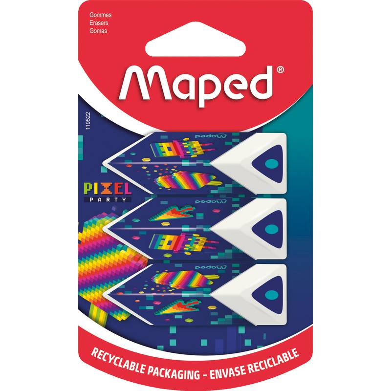 Maped Kunststoff-Radierer Pyramide PIXEL PARTY, 3er Blister