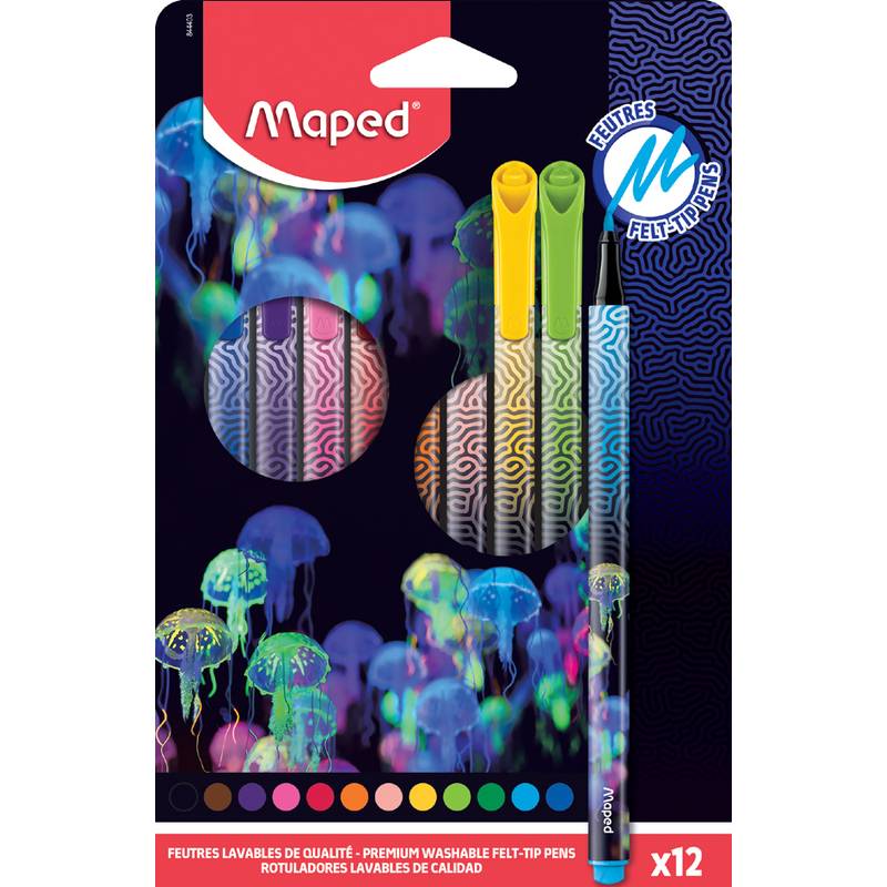 Ein Set aus 12 Premium-Filzstiften von Maped, waschbar und in verschiedenen Farben, mit einem farbenfrohen Quallen-Design auf der Verpackung.
