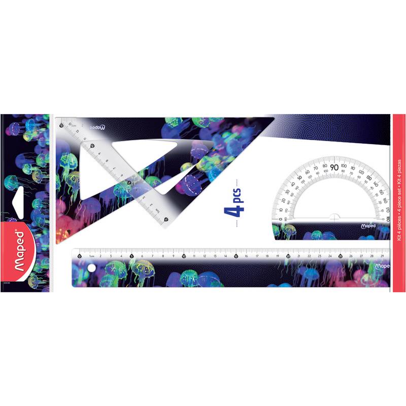 Ein Set aus vier transparenten geometrischen Werkzeugen vor einem lebhaften, quallenmusterigen Hintergrund. Enthält einen Lineal, einen Winkelmesser und zwei Dreiecke.