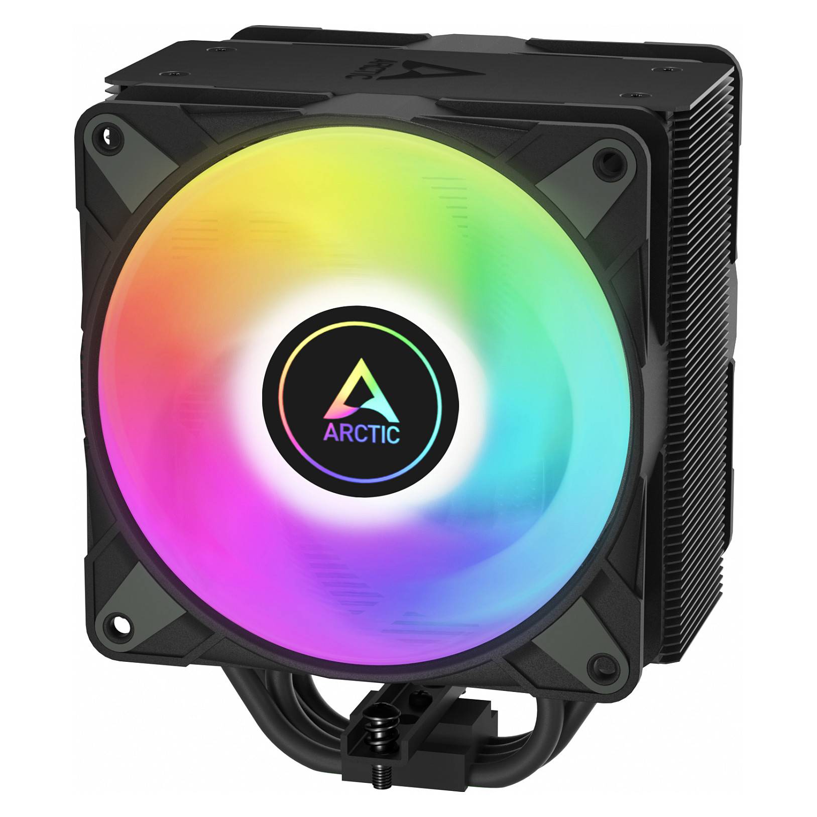 Ein schwarzer Computer-CPU-Kühler mit einem regenbogenfarbig RGB-beleuchteten Lüfter, der das Logo 