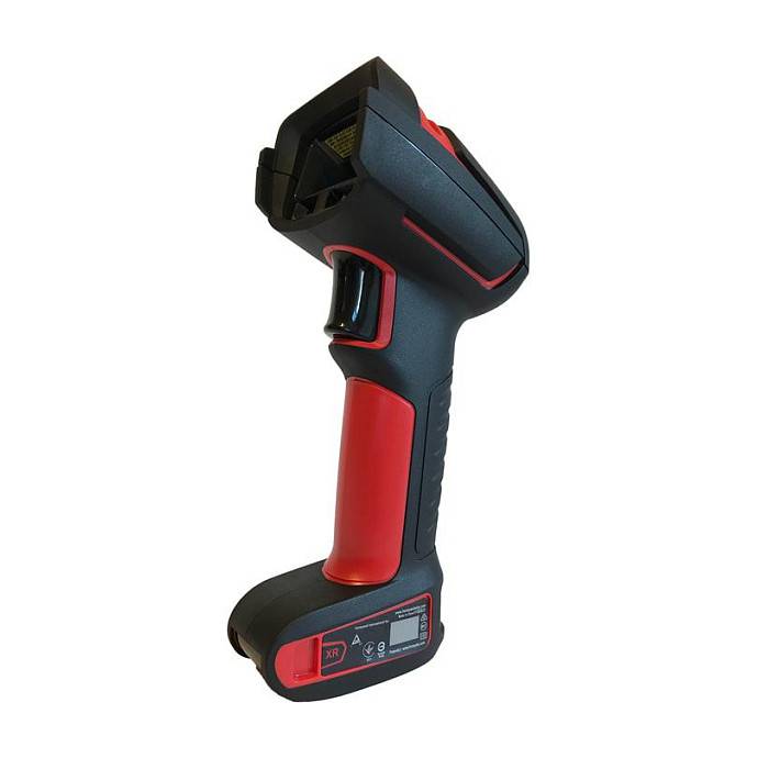 Ein tragbarer Barcode-Scanner mit schwarzem und rotem Design, mit einer Abzugtaste und einem digitalen Display am Griff.