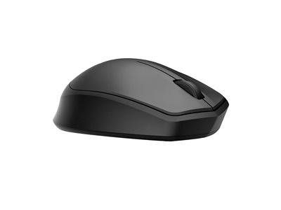 Eine schwarze kabellose Computermaus von der Seite betrachtet, die das Scroll-Rad und das elegante Design zeigt.