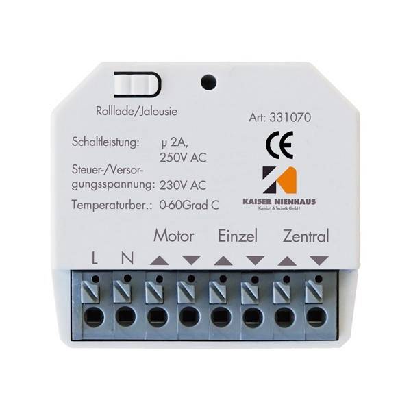Eine Steuereinheit für Rollläden/Jalousien mit folgenden Spezifikationen: 250V AC, 230V AC Stromversorgung, Betrieb bei 60°C. Beinhaltet Motor- und Steueranschlüsse.