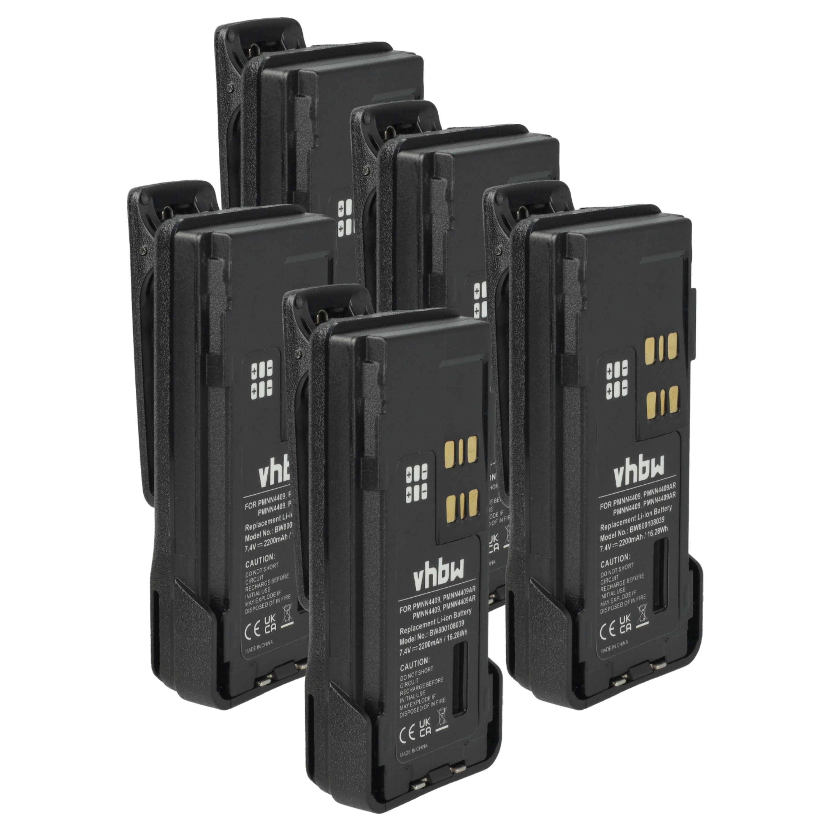 Sechs schwarze wiederaufladbare Batterien mit sichtbaren Anschlasslöchern, aufrecht stehend. Jede ist auf der Seite mit 'vhbw' beschriftet.