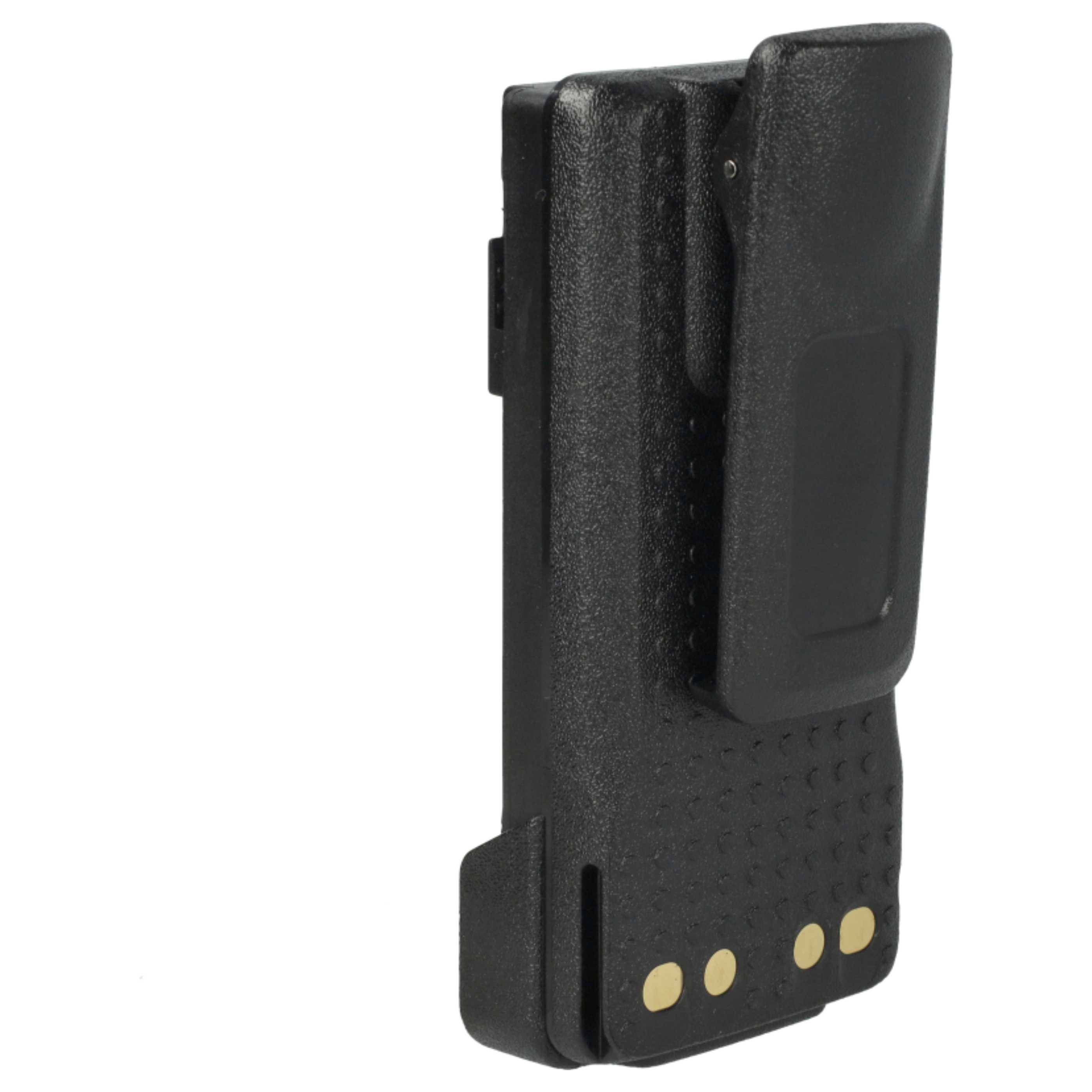 Rechteckige schwarze Batterie mit vier goldfarbenen Kontakten am unteren Ende, versehen mit einer Klammer zur Befestigung.