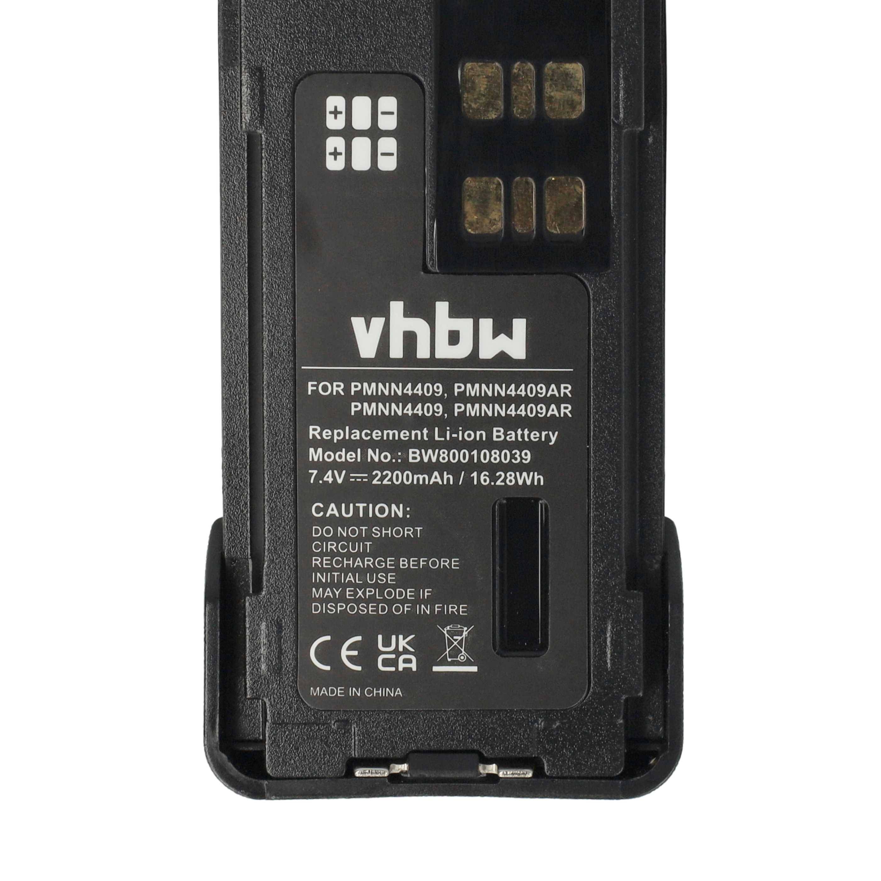 vhbw Ersatz-Li-Ion-Akku' zeigt das Modell PMNN4409, mit Details wie 7,4V, 1800mAh, und in China hergestellt. Sicherheitssymbole werden angezeigt.