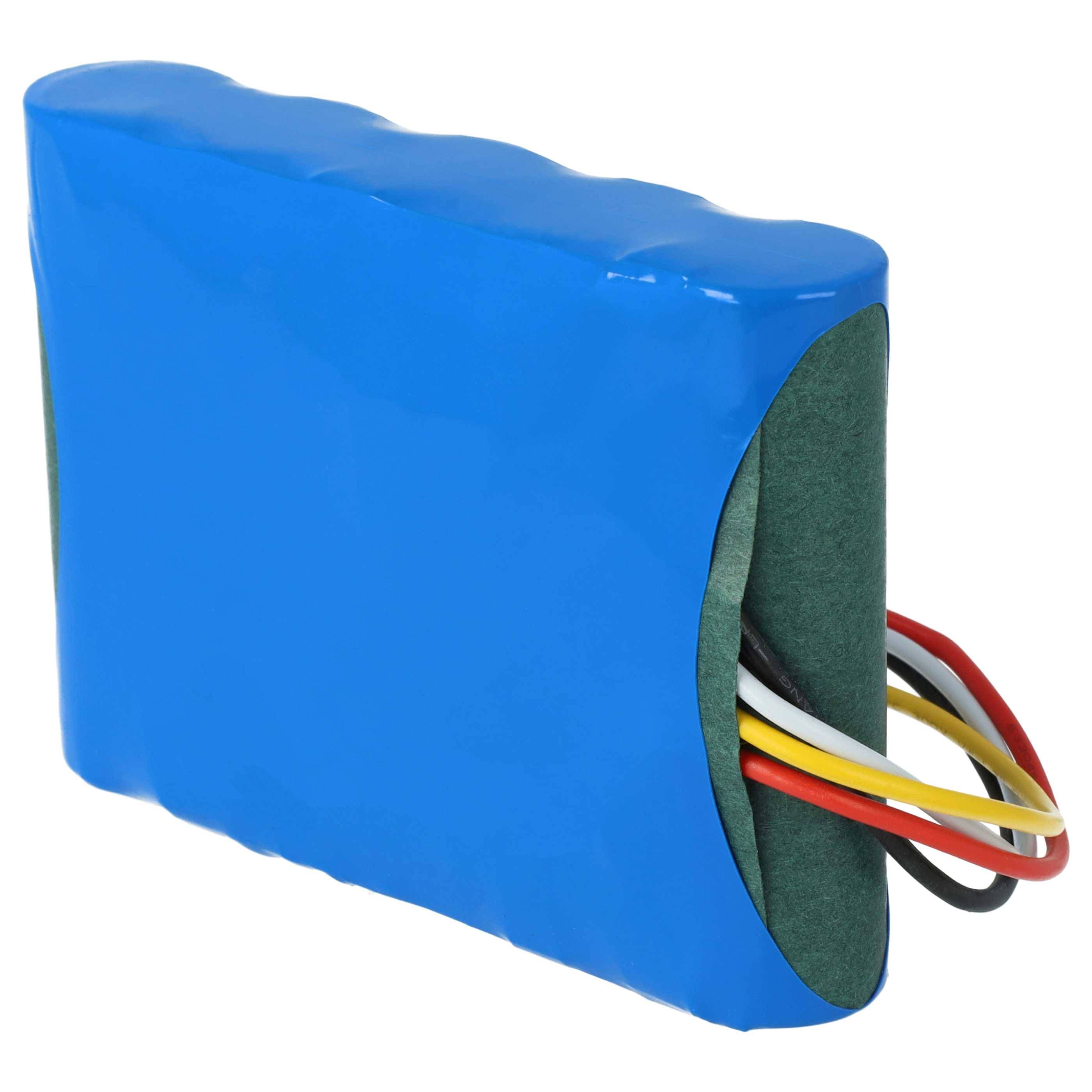 Ein blaues, rechteckiges Batteriepaket mit sichtbarer Verkabelung, einschließlich roter, gelber und schwarzer Drähte, die von der Seite herausragen.