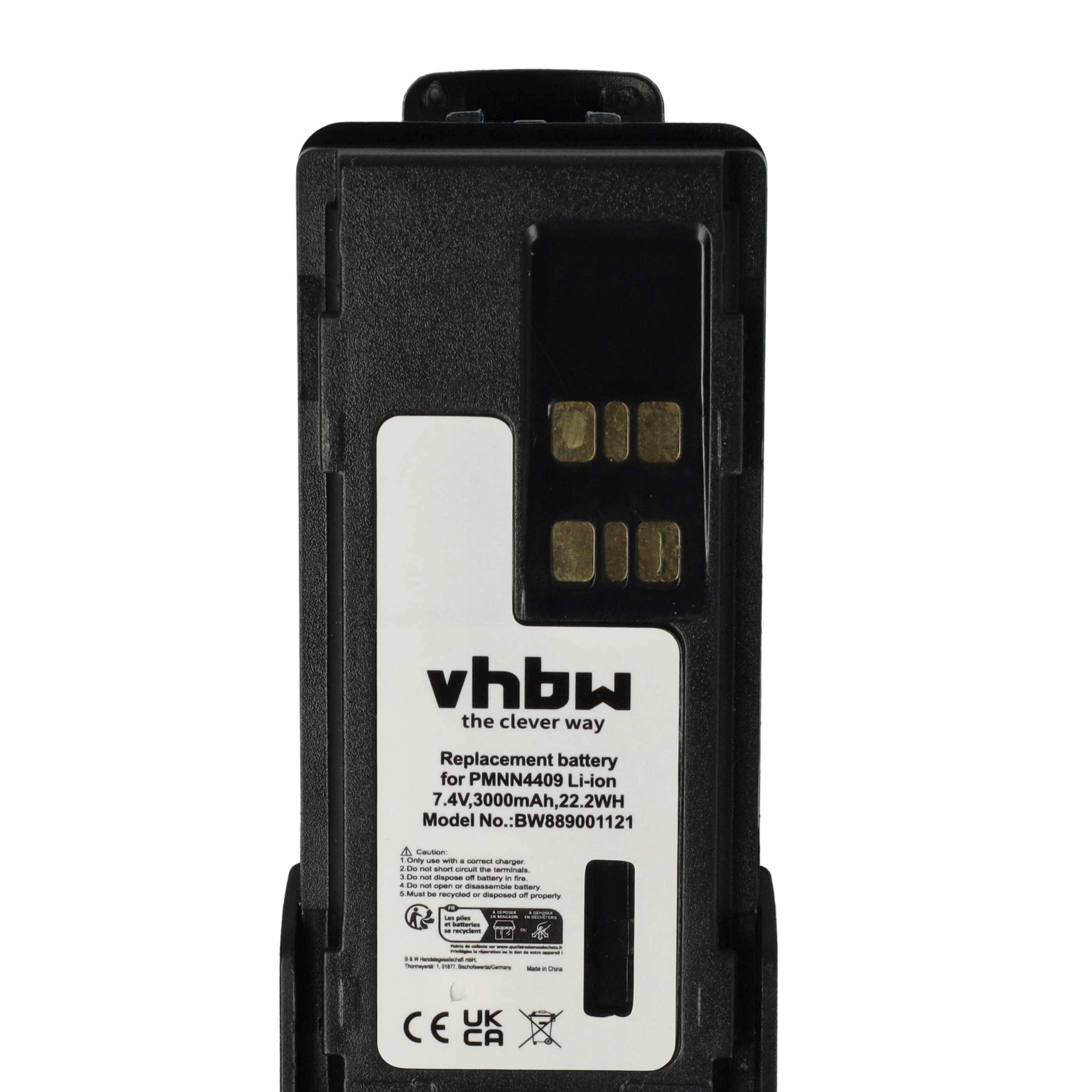 Eine schwarze Batterie mit einem weißen Etikett, das die Marke „vhbw