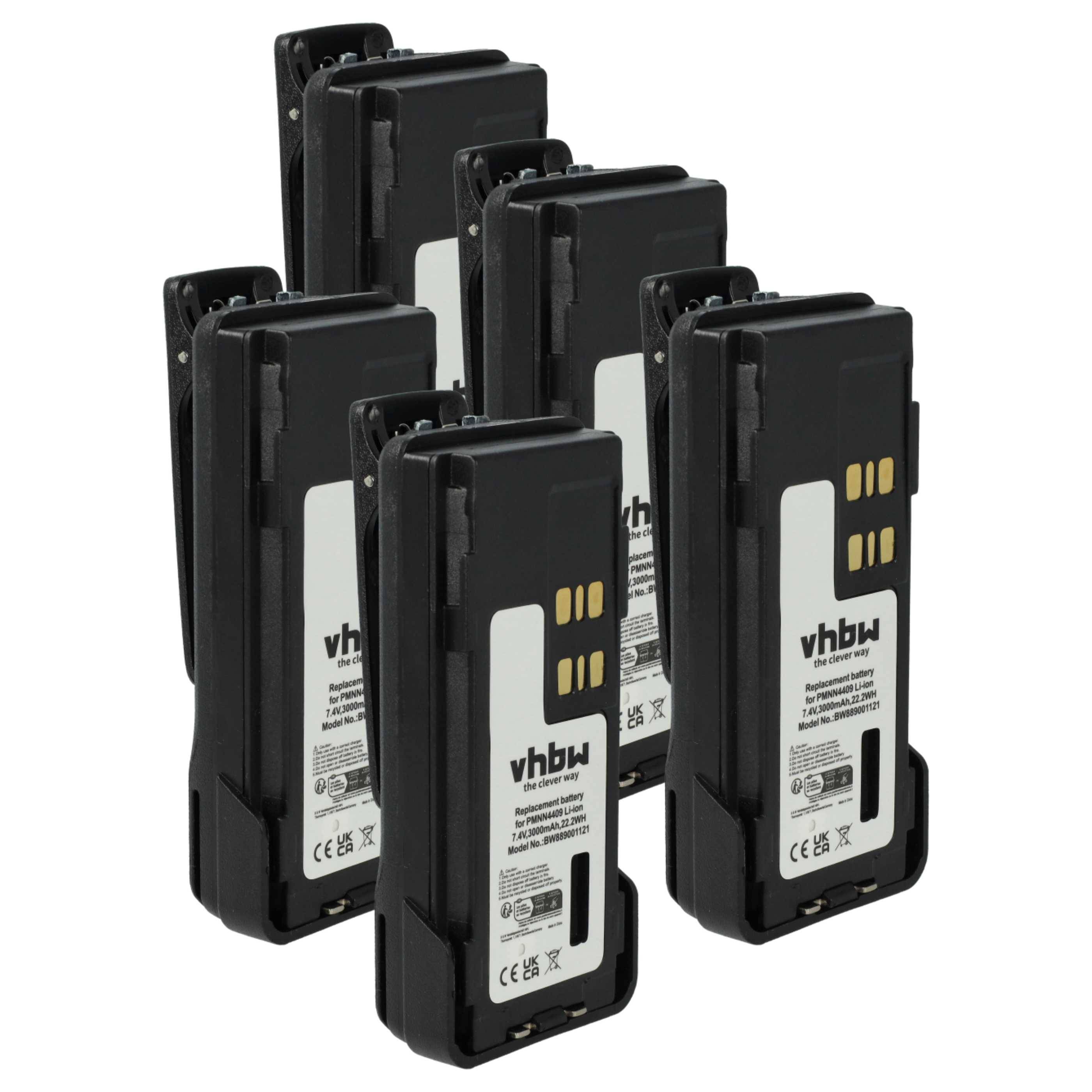 vhbw 5x Akku Ersatz für Motorola PMNN4493, PMNN4491, PMNN4491B für Funkgerät, Walkie Talkie (3000 mAh, 7,4 V, Li-Ion) + Gürtelclip