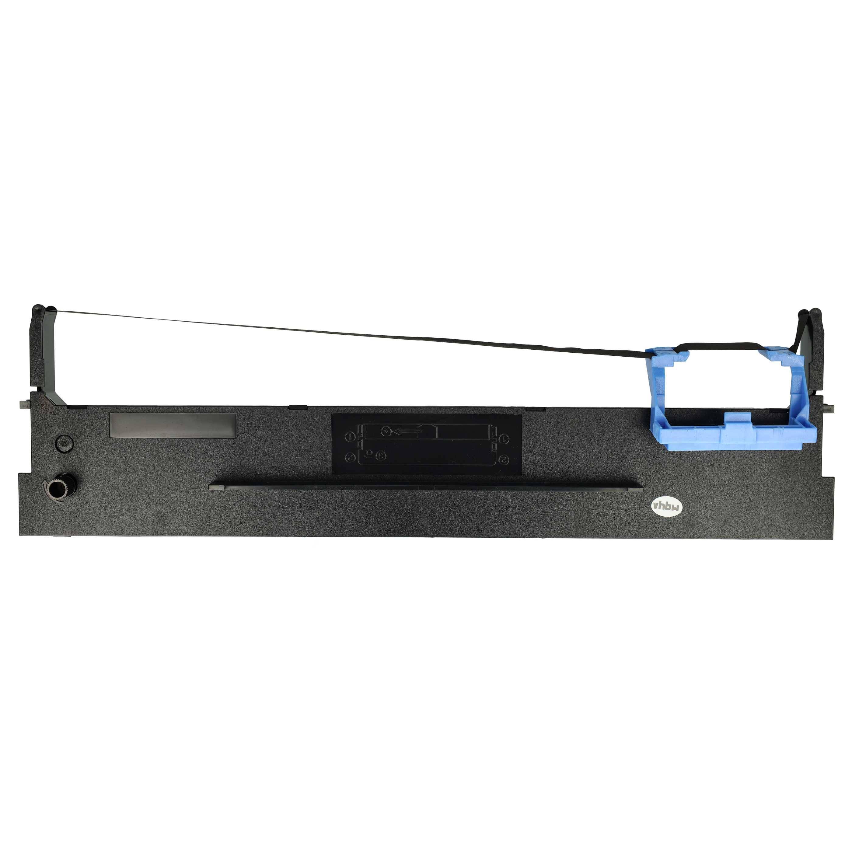 Schwarze Nadeldrucker-Farbband-Patrone mit blauem Griff und straff gespanntem Farbband oben.
