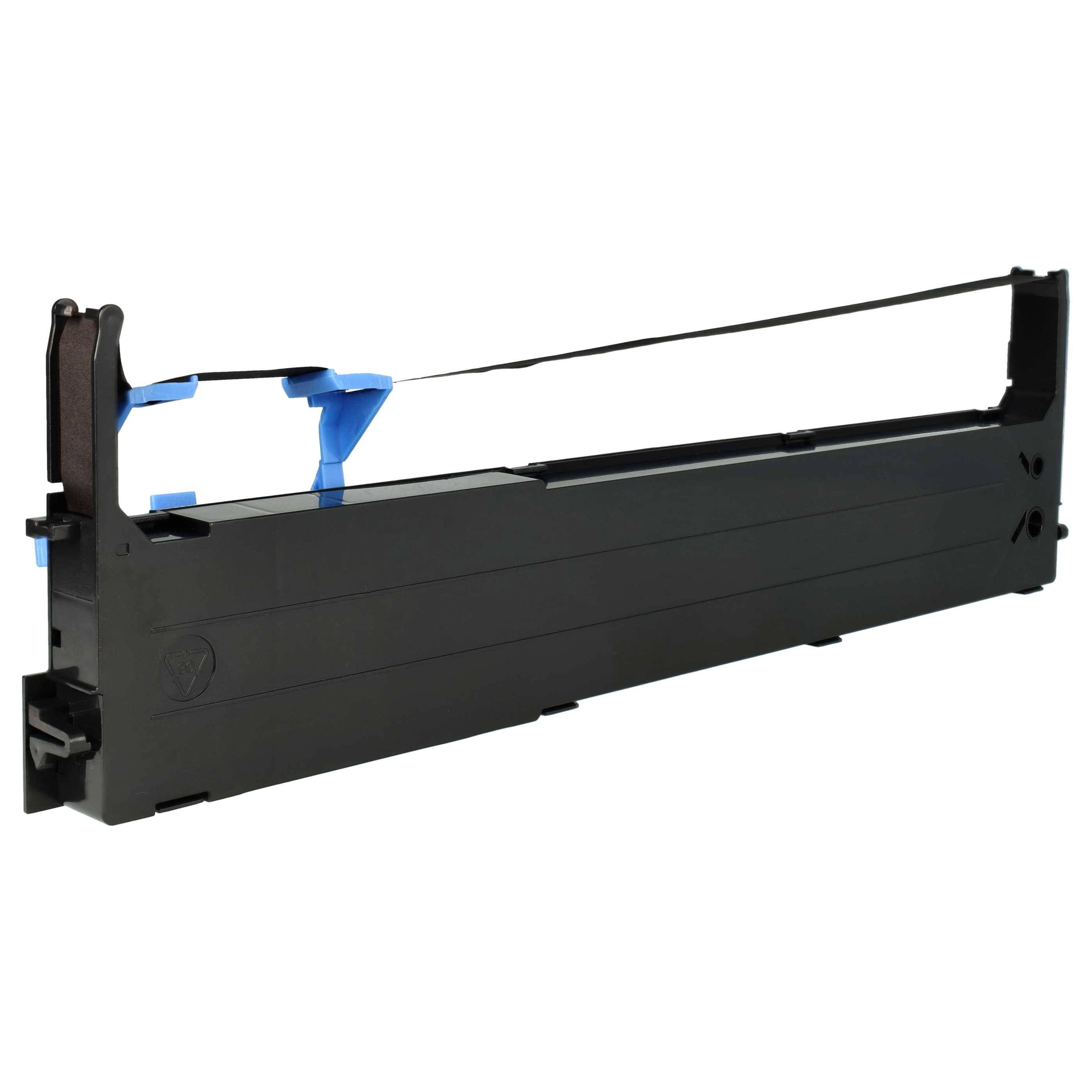 Schwarze Druckerband-Patrone mit blauen Zuglasche, isoliert auf weißem Hintergrund dargestellt.