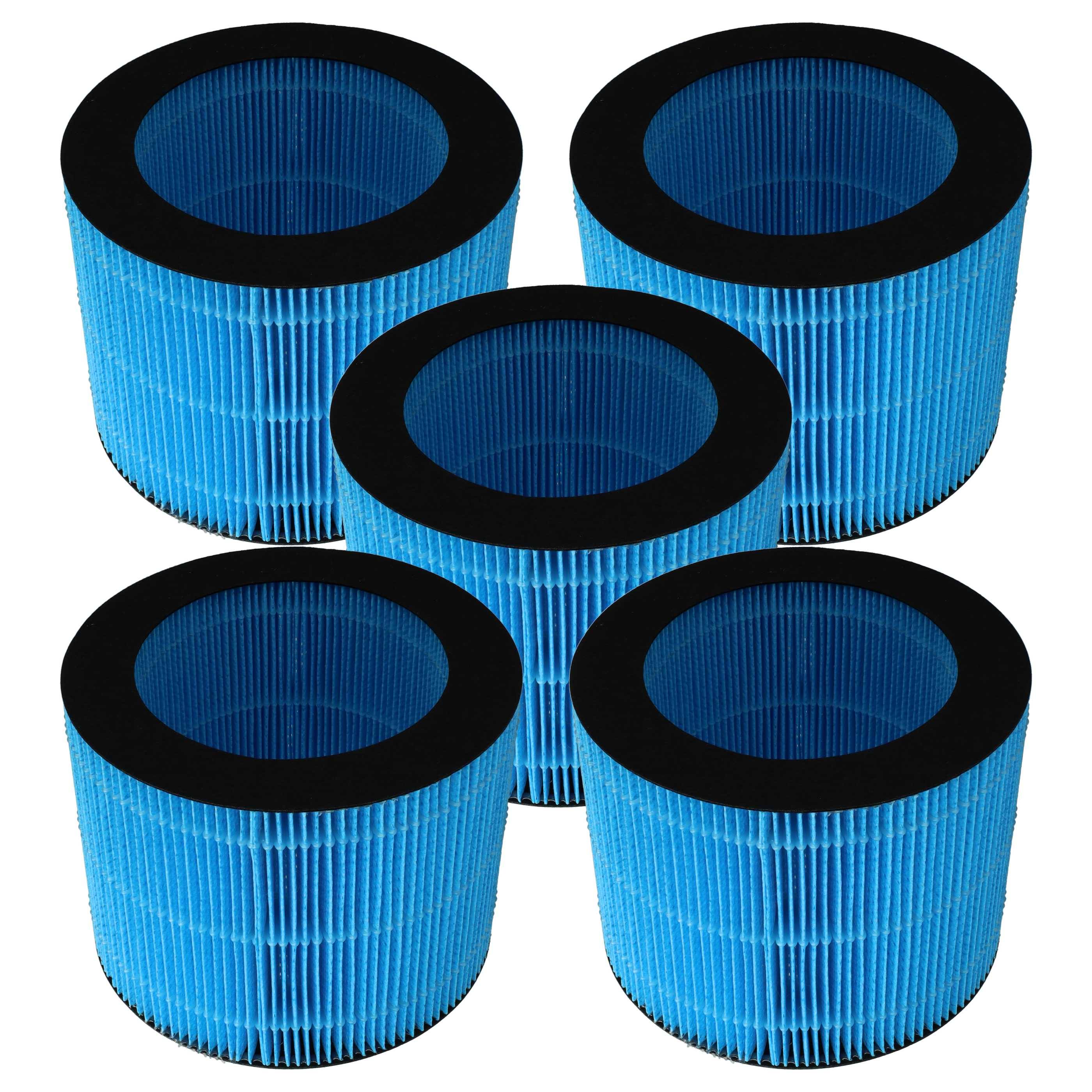 Fünf blaue zylindrische Luftfilter mit gefalteten Oberflächen und schwarzen Rändern, die in einem Muster auf weißem Hintergrund angeordnet sind.
