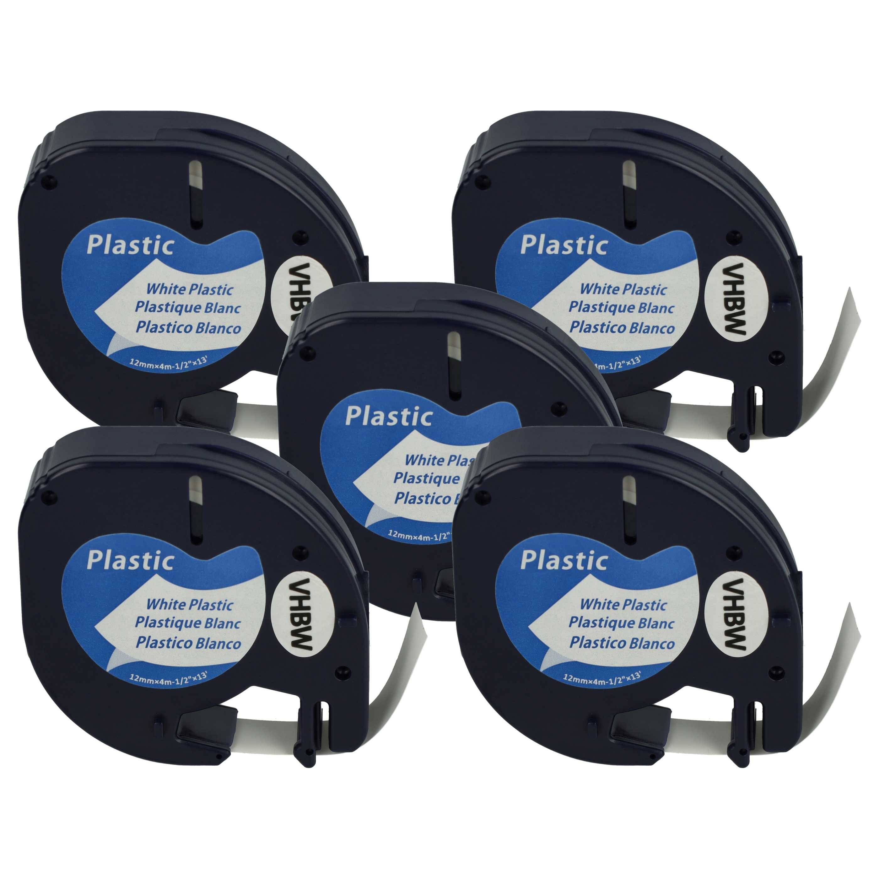 vhbw 5x Schriftband-Kassette Plastik kompatibel mit Dymo LetraTag LT-100H, 2000, LT-100T, 200B Etiketten-Drucker 4m x 12mm Schwarz auf Weiß