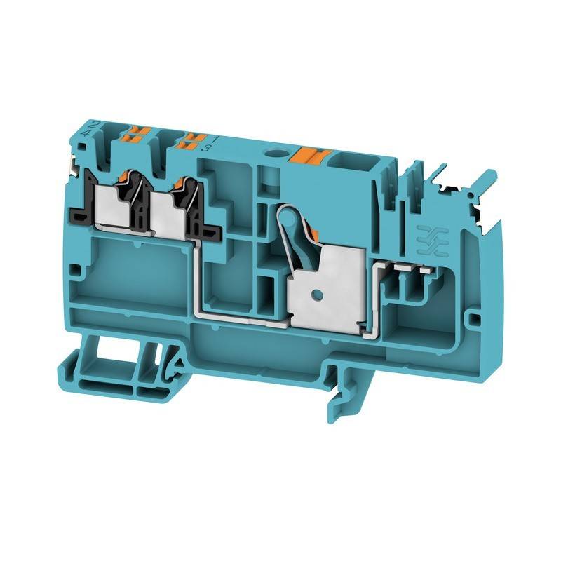 Elektrische Klemmenleiste, blau und orange, zeigt interne Komponenten und Verbindungen. Verwendet zum Sichern und Verbinden von elektrischen Leitungen.