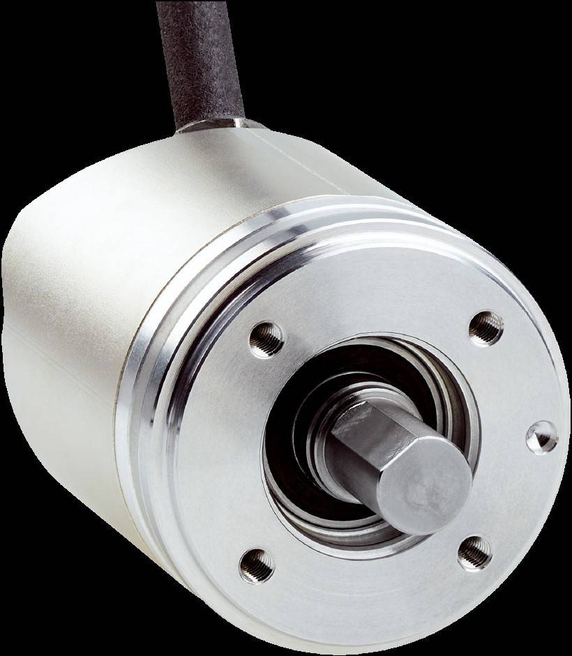 Ein Nahaufnahmebild eines zylindrischen Metallcodierers, das seine rotierende Welle und sein Gehäuse zeigt, das in Maschinen zur Positionserfassung verwendet wird.