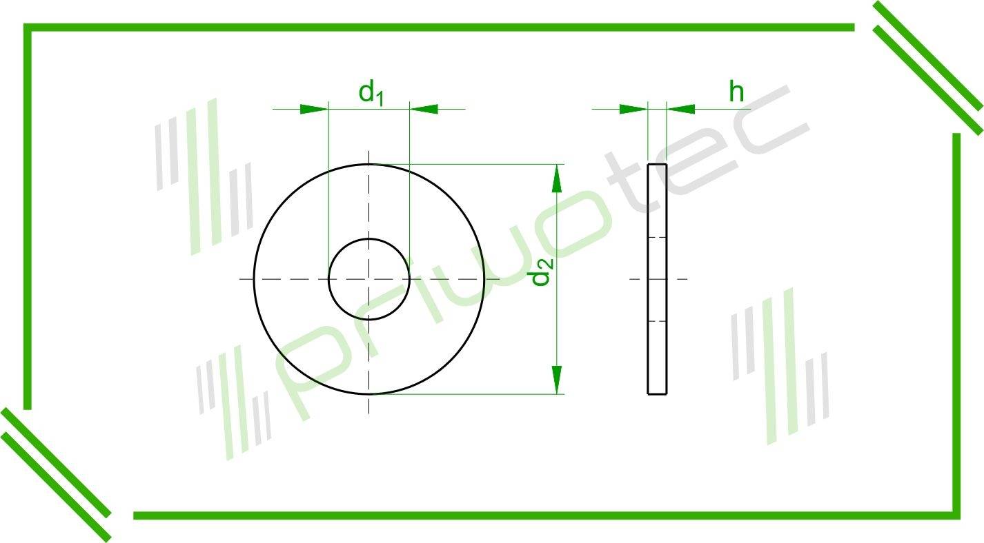 Technische Zeichnung eines Rings: Die Vorderansicht zeigt den Außendurchmesser d1 und den Innendurchmesser d2, wobei die Seitenansicht die Dicke h angibt.
