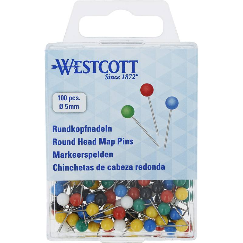 Packung mit runden Kartenstecknadeln von Westcott, 100 Stück, 5 mm, mit farbigen Stecknadeln in einer durchsichtigen Kunststoffbox.
