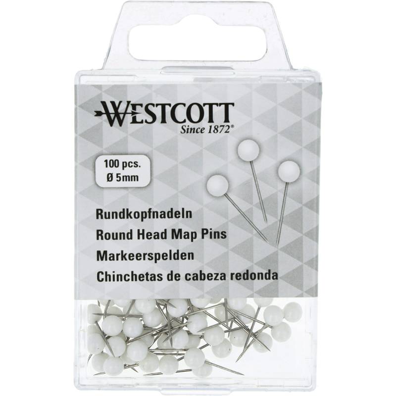 Westcott Packung mit 100 weißen Rundkopf-Stecknadeln von 5 mm in einer durchsichtigen Kunststoffbox mit mehrsprachiger Kennzeichnung.