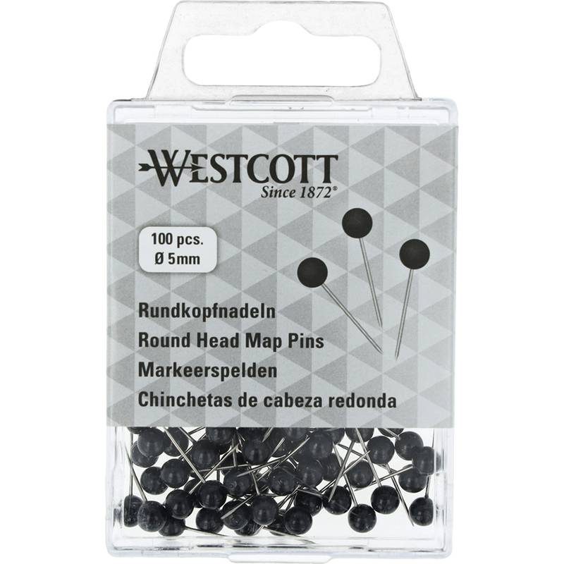 Klare Kunststoffbox mit 100 runden Landkartennadeln von Westcott, 5 mm im Durchmesser, mit Text in mehreren Sprachen auf der Vorderseite.