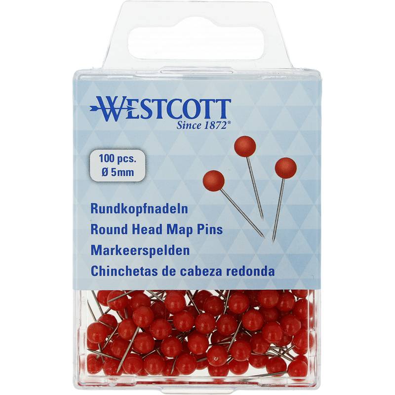 Paket mit Westcott Rundkopf-Kartenstecknadeln, beschriftet mit „100 Stück, Ø 5 mm
