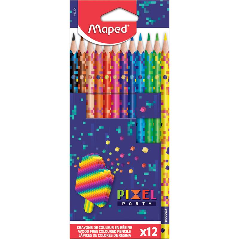 Schachtel mit 12 Maped Buntstiften im Pixel-Art-Design. Stifte sind wie ein Regenbogen angeordnet, mit Pixel-Art-Grafiken auf der Verpackung.