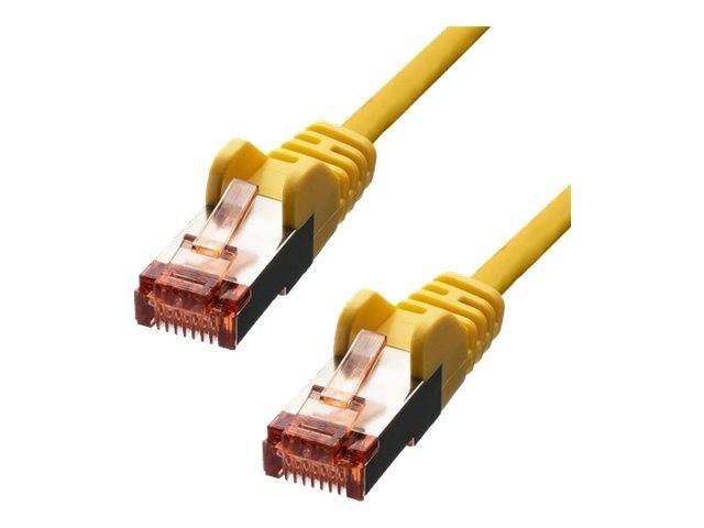 Zwei gelbe Ethernet-Kabel mit RJ45-Steckern, die nach vorne gerichtet sind.