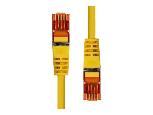 Zwei gelbe Ethernet-Kabel, verbunden durch gelbe Anschlüsse mit orangefarbenen Spitzen. Die Kabel sind vertikal ausgerichtet und im Detail dargestellt.