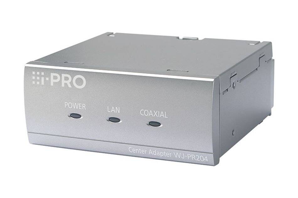 Silberner i-PRO Center Adapter WJ PR204 mit Frontpanel-Leuchten mit den Beschriftungen Power, LAN und Koaxial.