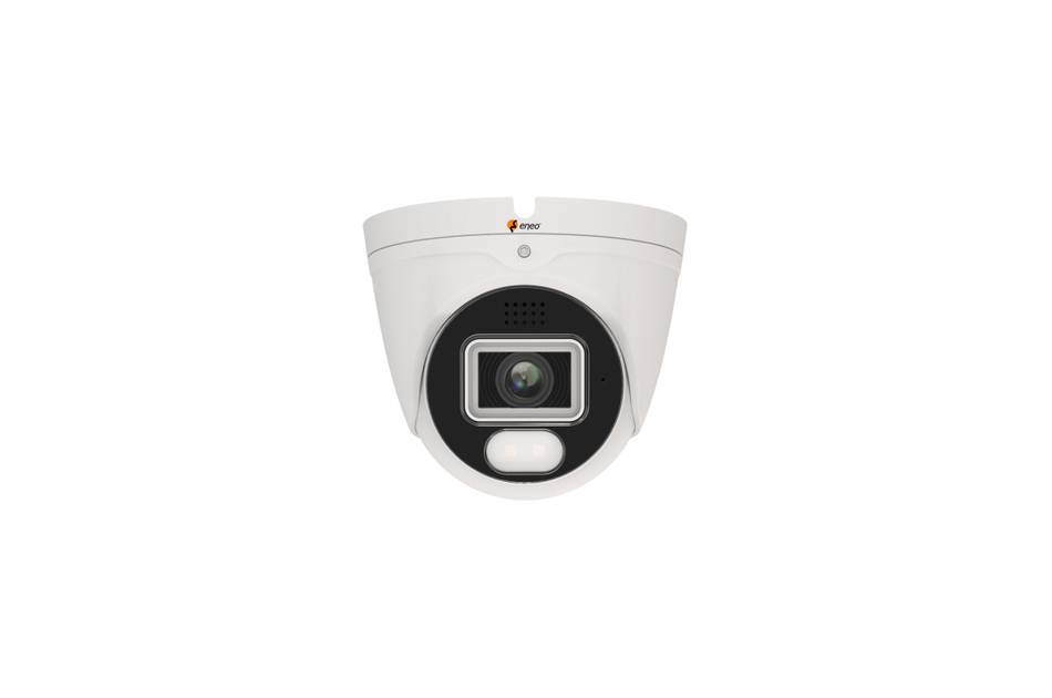 Weiße Kuppelsicherheitskamera auf einfachem Hintergrund montiert, mit zentralem Objektiv und Infrarotsensor.