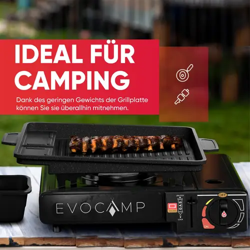 EVOCAMP Grillplatte Aufsatz für Gaskocher eckig 38x26 cm, antihaftbeschichtete Grillpfanne für Campingkocher, Grillschale, Grillmatte BBQ, Camping EVOCAMP Grillplatte Aufsatz für Gaskocher eckig 38x26 cm, antihaftbeschichtete Grillpfanne für Campingkocher, Grillschale, Grillmatte BBQ, Camping